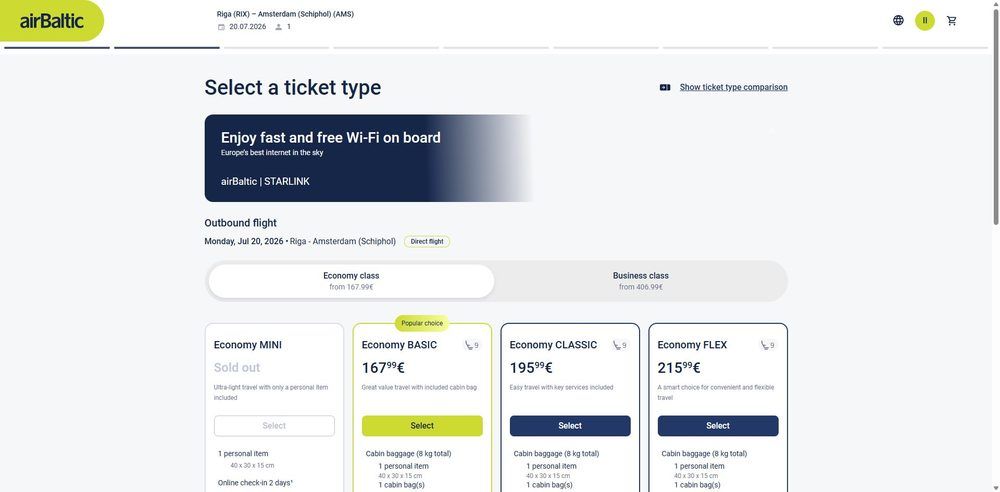 Выбор тарифа airBaltic: Economy MINI (sold out) / BASIC 167,99 € / CLASSIC 195,99 € / FLEX 215,99 € и Business от 406,99 €.