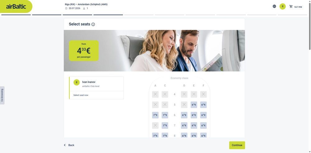 Схема салона Airbus A220-300 airBaltic (компоновка 3-2): выбор кресла в экономе, цены за место от 6,13 до 7,75 €.