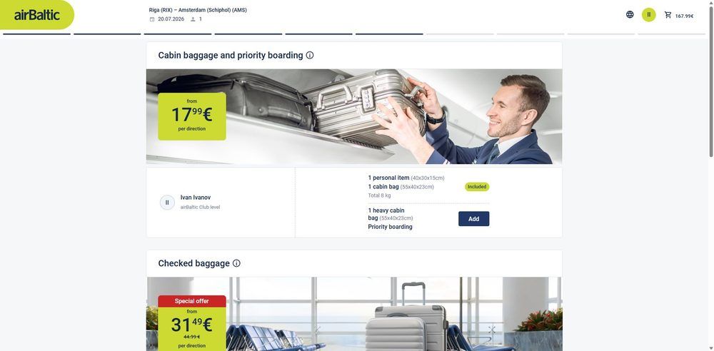 Багаж airBaltic: ручная кладь (личная вещь 40×30×15 + сумка 55×40×23, 8 кг — Included) и докупка регистрируемого багажа.